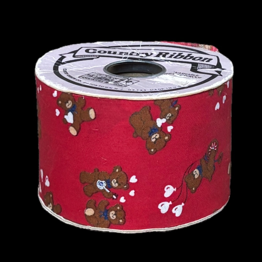Vintage Teddy Bear Heart Red Fabric Ribbon Valentines Day Whimsical Romance Twee